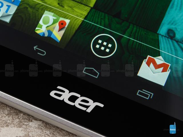 3 phím ảo cơ bản của Android nằm trên màn hình cảm ứng và phía dưới viền đen màn hình là logo thương hiệu Acer nổi bật với tông màu trắng