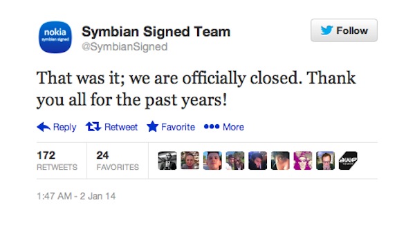 Thông điệp trên Twitter của Symbian