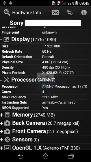 Các thông tin phần cứng của Xperia Z2