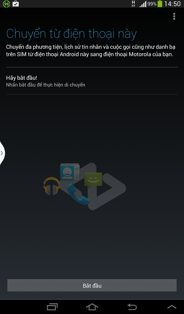Giao diện chính của ứng dụng Motorola Migrate được cài đặt trên thiết bị Android