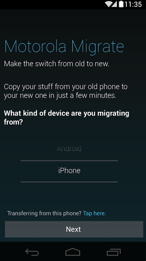Chọn mục iPhone trên Motorola Migrate để đồng bộ dữ liệu về máy Motorola...