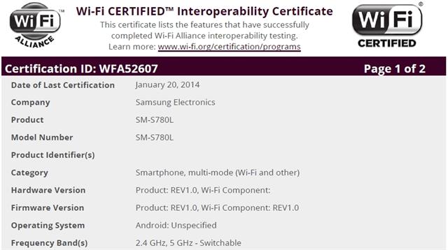 Samsung SM-S780L được tổ chức Wifi Alliance của Mỹ xác nhận sự tồn tại