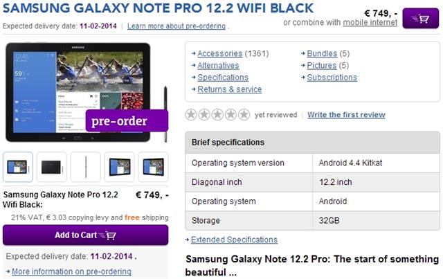 Nhà bán lẻ tại Hà Lan sẽ giao Galaxy Note PRO 12.2, Wi-Fi vào ngày 11/2/2014
