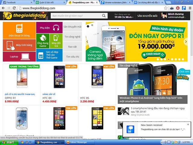 Tin nhắn đã được gửi đến trình duyệt Chrome