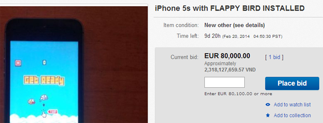Chiếc iPhone 5S cài sẵn Flappy Bird này được rao bán với giá 2,3 tỷ đồng