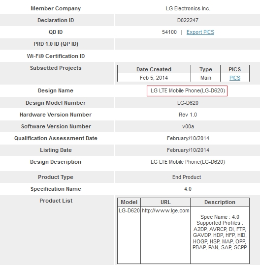 LG D620 được cấp phép chứng nhận Bluetooth