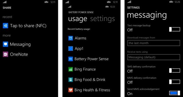 Giao diện Share UI mới, Battery Power Sense và cài đặt Messaging