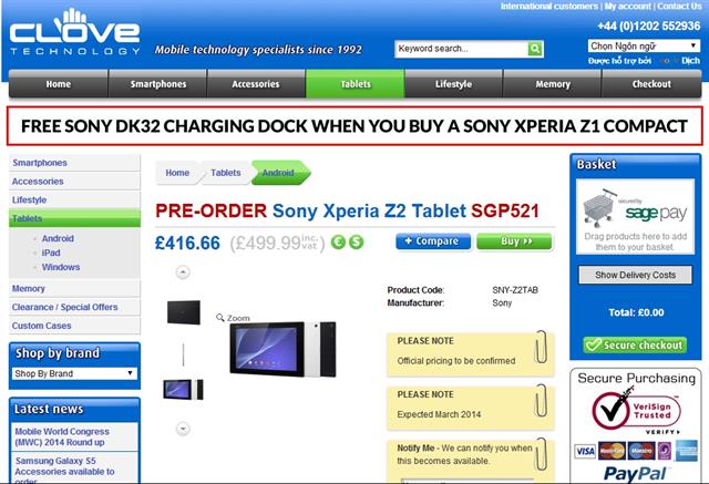 Giá bán Xperia Z2 Tablet tại kệ hàng trực tuyến của các nhà bán lẻ rẻ hơn nhiều so với Sony