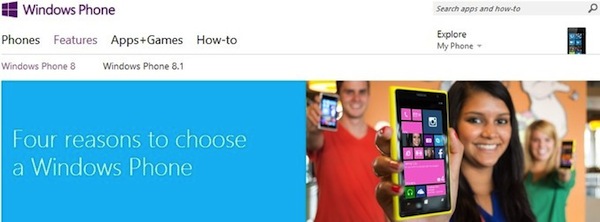 Giao diện quảng cáo hệ điều hành mới trên trang web Windows Phone của Microsoft