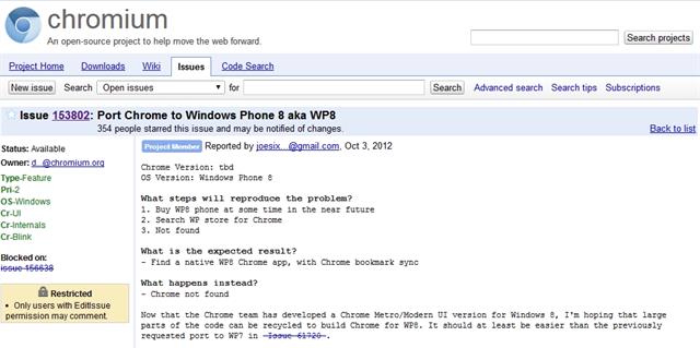 Dự án phát triển Chrome cho Windows Phone 8 không mấy được hưởng ứng cho lắm