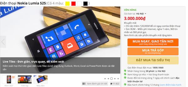 Nokia Lumia 525 chỉ còn 3 triệu VND