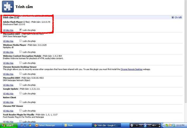 Đầu tiên bạn gõ vào thanh địa chỉ từ khóa: about:plugins và nhấn Enter. Bạn sẽ thấy phần khung trình cắm (plugins) Adobe Flash Player hiển thị 2 files đang chạy