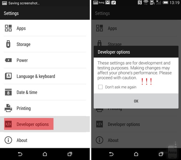 Vào Developer options menu