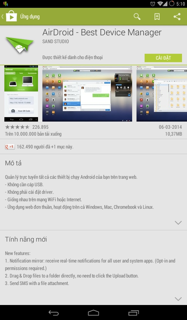 Đầu tiên bạn vào Google Play Store tìm ứng dụng AirDroid để cài đặt cho thiết bị Android của bạn