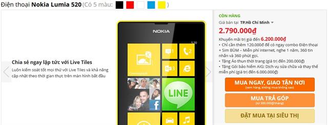 Lumia 520 hạ giá chỉ còn 2.790.000 đồng