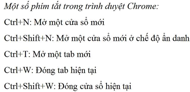 Các phím tắt bàn phím