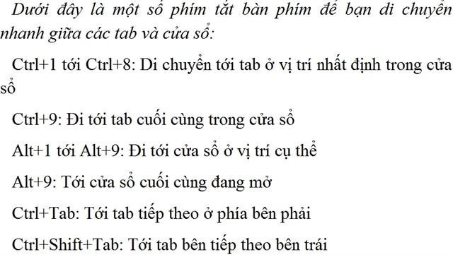 Các phím tắt bàn phím