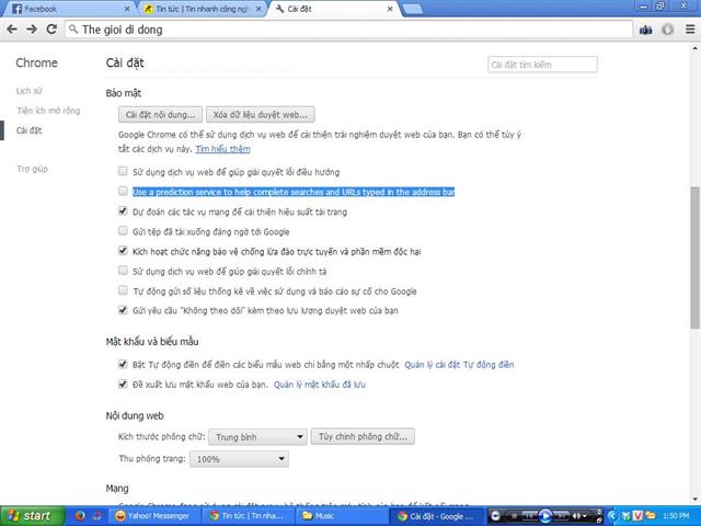Bỏ chọn dòng “Use a prediction service to help complete searches and URLs typed in the address bar”