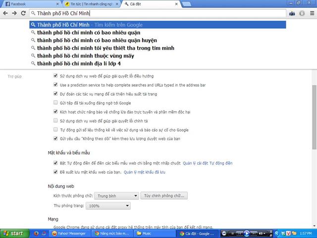 Lúc chưa bỏ chọn dòng “Use a prediction service to help complete searches and URLs typed in the address bar”...