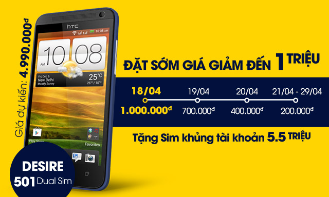 Đặt sớm HTC Desire 501 Dual Sim - Rẻ hơn đến 1 triệu + Tặng Sim Bùm miễn phí internet 1 năm