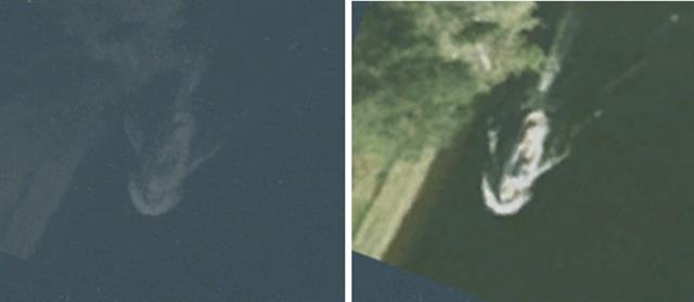 Ảnh bên phải với độ phân giải cao hơn cho thấy Nessie chỉ là một con thuyền lớn mà thôi