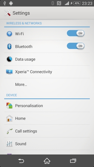 Giao diện chính của phần Settings