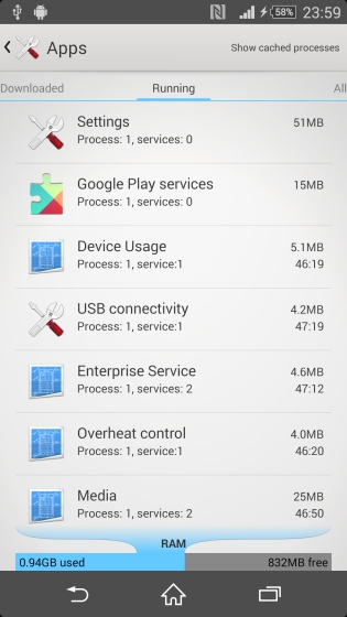 Dung lượng RAM còn gần 1GB, sau khi Xperia Z đã được cài đặt một số ứng dụng thiết yếu