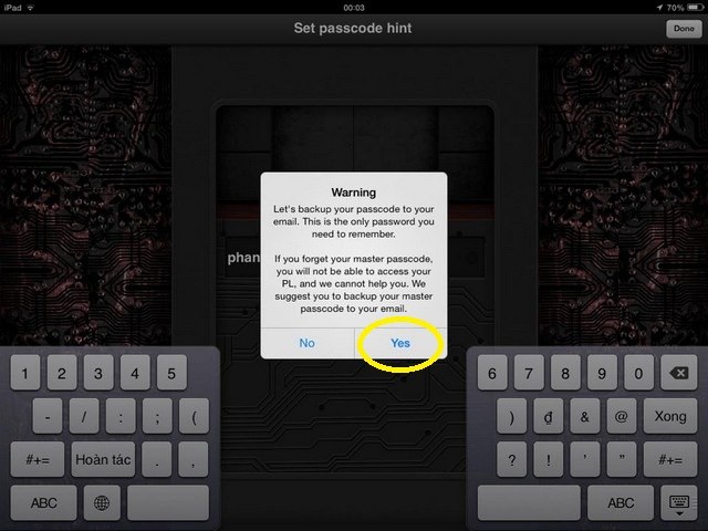 Bấm yes để tiến hành gửi mail sao lưu mật mã
