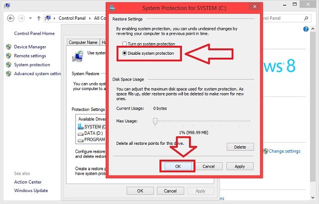 Chọn Disable system protection