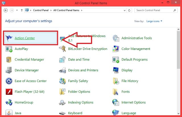 Chọn Action Center trong Control Panel