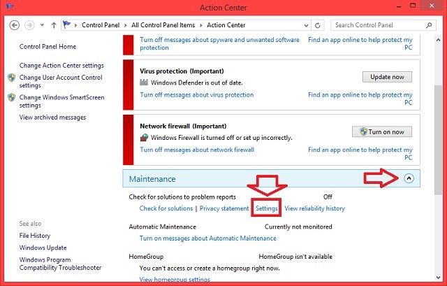 Chọn Settings trong phần Maintenance