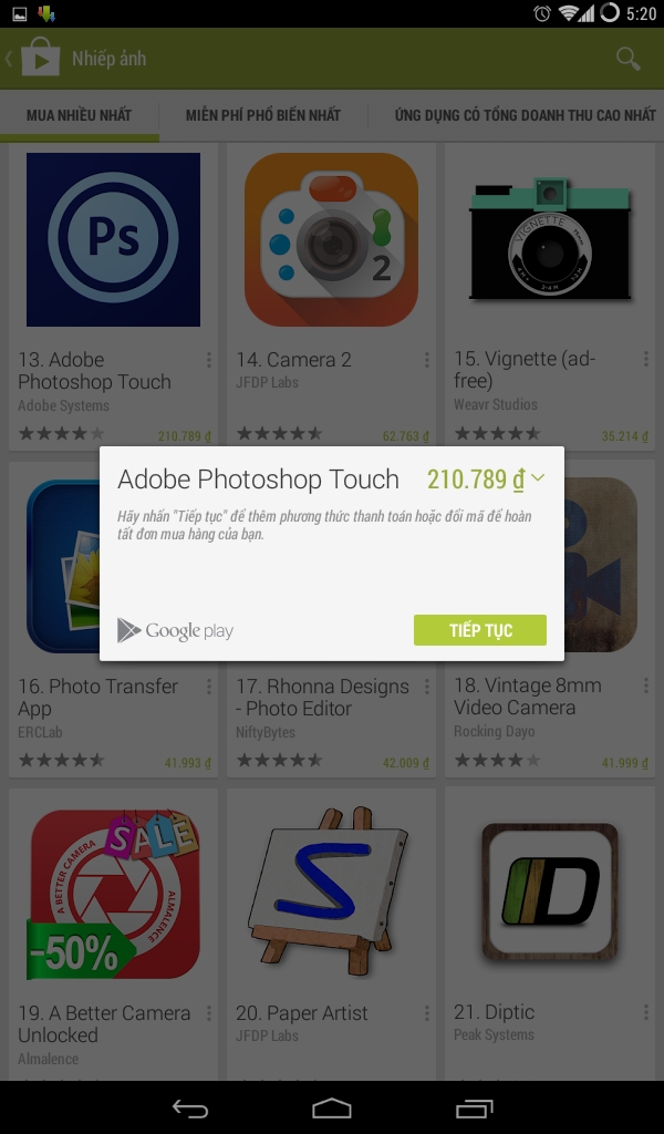 Google Play Store v4.8.20 cũng chưa thấy hỗ trợ PayPal tại Việt Nam