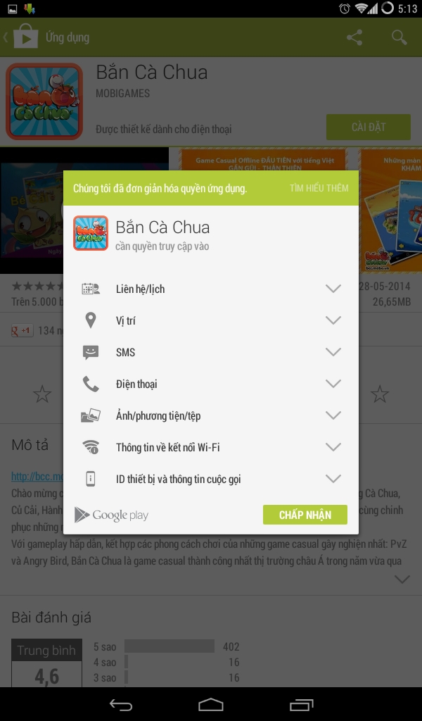 Giao diện mới: phần thông tin ứng dụng mà bạn muốn cài đặt