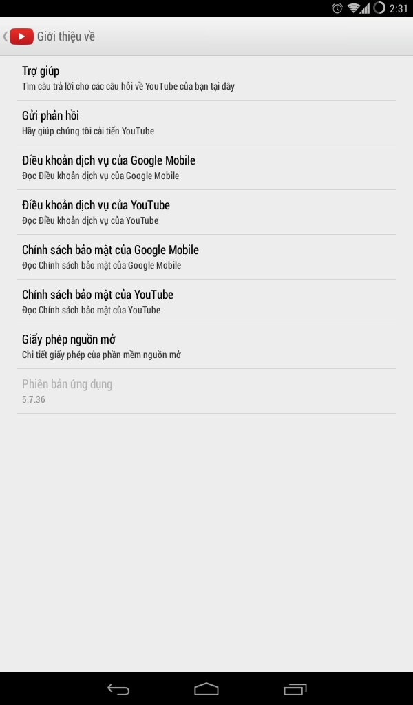 Phiên bản Youtube Android mới nhất v5.7.36
