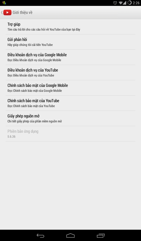 Trên Play Store hiện chỉ mới cập nhật ứng dụng Youtube v5.6.36 mà thôi