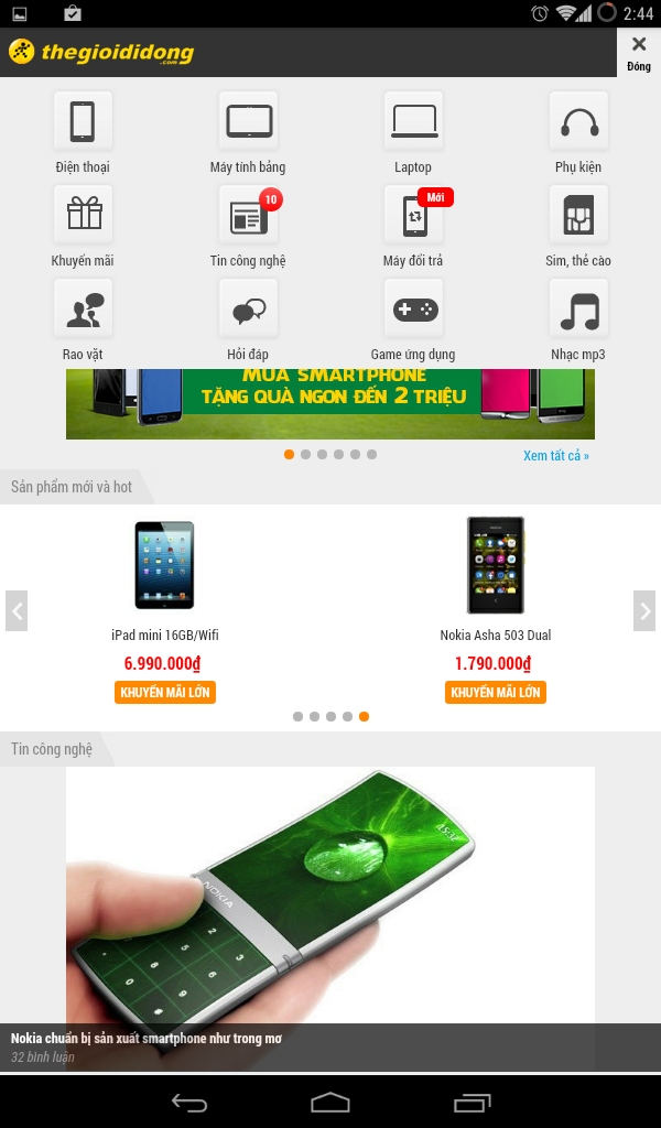 Bấm vào biểu tượng 3 gạch trên góc phải sẽ hiển thị các chuyên mục nội dung của thegioididong.com