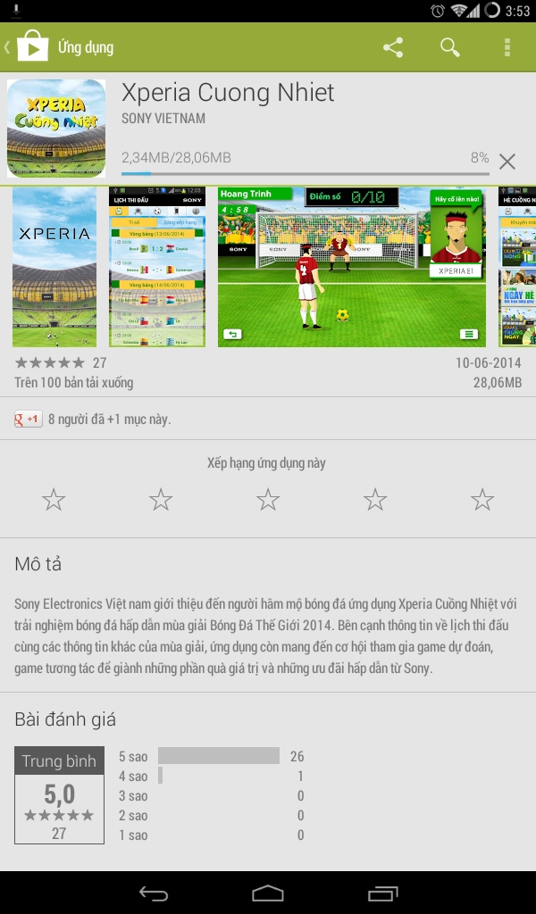 Ứng dụng được Sony cung cấp hoàn toàn miễn phí trên Play Store và có dung lượng hơn 28MB