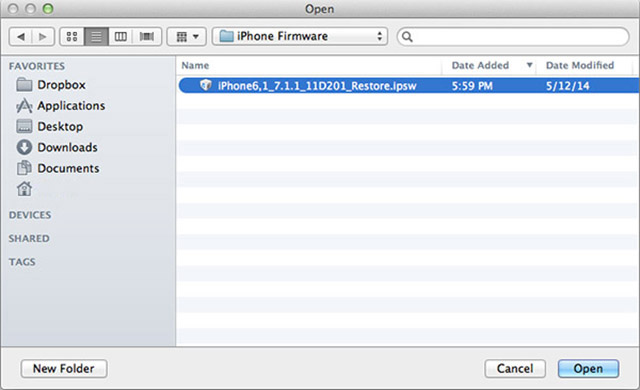 Chọn đường dẫn đến firmware iOS 7.1.1 vừa tải về