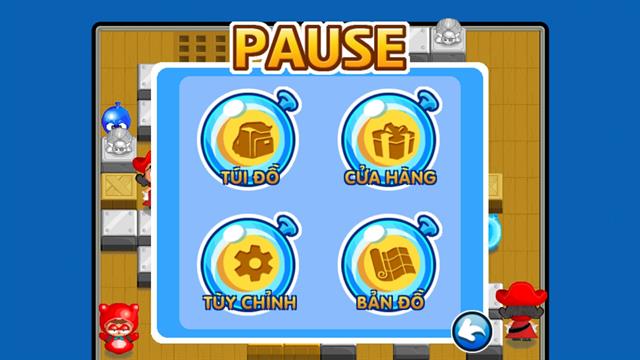 Nút pause game giúp bạn ngừng cuộc chơi để chuyển hướng đến: Túi đồ, Cửa hàng vật phẩm, Tùy chỉnh và Bản đồ