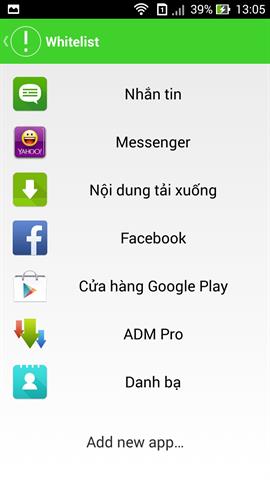 Sau đó, bạn tiến đến mục Whitelist và thêm vào những ứng dụng cần được thông báo