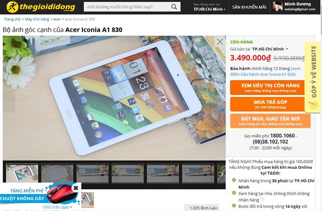 Đến lượt Acer Iconia A1 giảm giá hấp dẫn