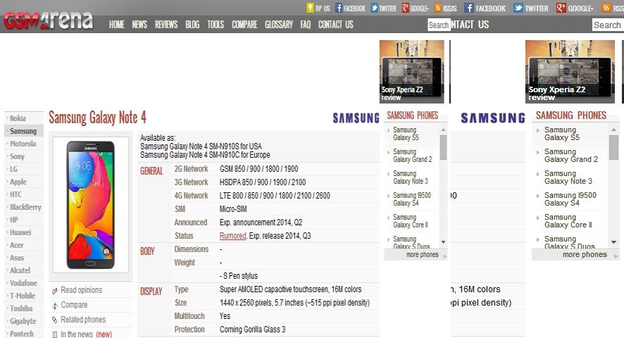 Chuyên trang công nghệ gsmarena cũng cho đăng tải thông tin rò rỉ về Samsung Galaxy Note 4