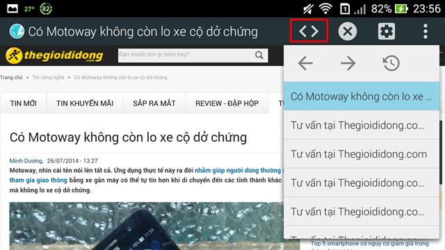 Biểu tượng 2 dấu điều hướng trái, phải sẽ mở nhanh danh sách truy cập trước đó của bạn