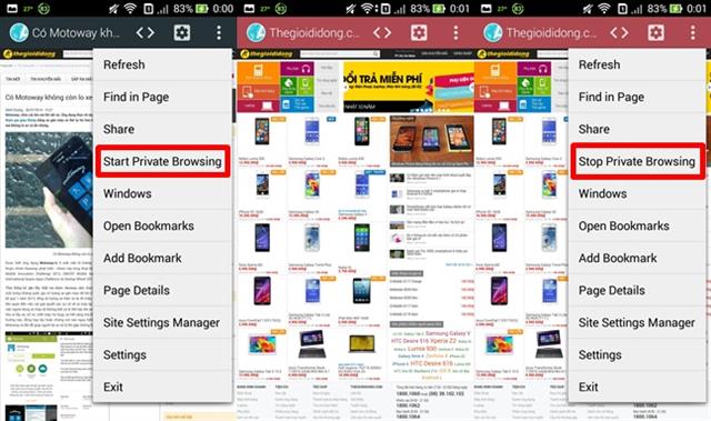 Chọn “Start Private Browsing” để vào chế độ ẩn danh và “Stop Private Browsing” để thoát chế độ ẩn danh