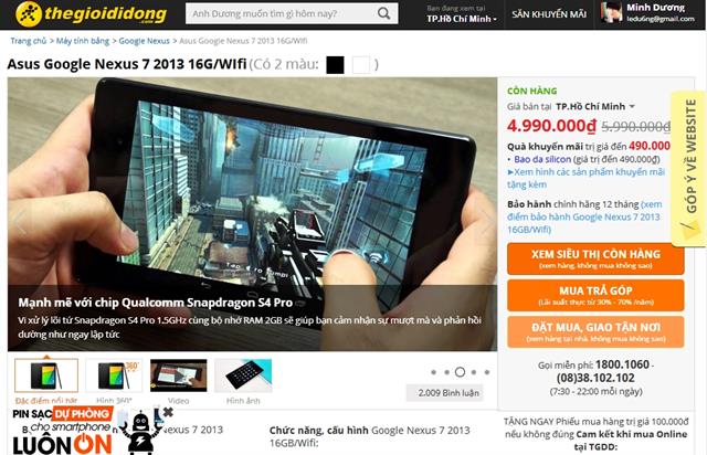 Google Nexus 7 2013 giảm giá 1 triệu đồng