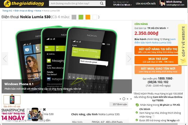 Nokia Lumia 530 giá rẻ chính thức lên kệ thegioididong