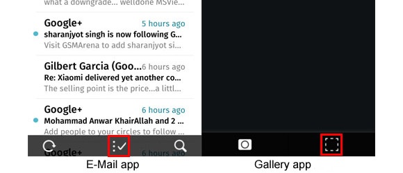 Các trình đơn điều hướng ở ứng dụng E-Mail và Gallery