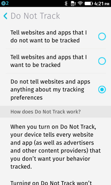Do Not Track - quản lý việc theo dõi của các ứng dụng bên thứ 3 cũng như trình duyệt web