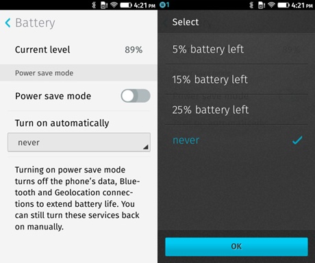 Power Save Mode, có thể tự động bật ở ngưỡng sạc pin cài sẵn (5%, 15% hoặc 25%). Chế độ này sẽ vô hiệu hóa dữ liệu, Bluetooth và định vị địa lý.