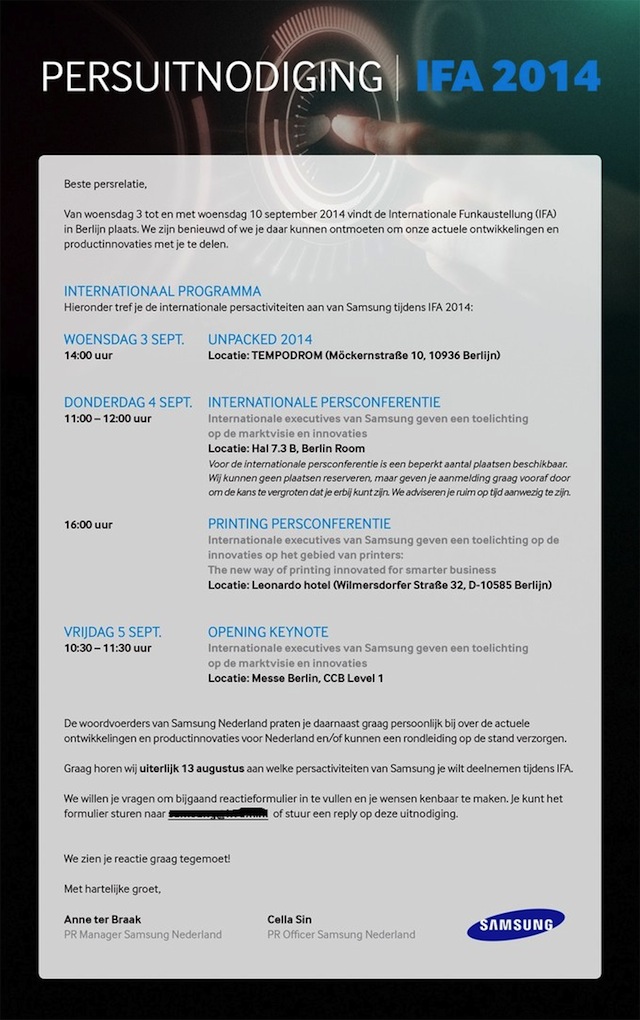 Thư mời cho sự kiện ra mắt sản phẩm mới của Samsung